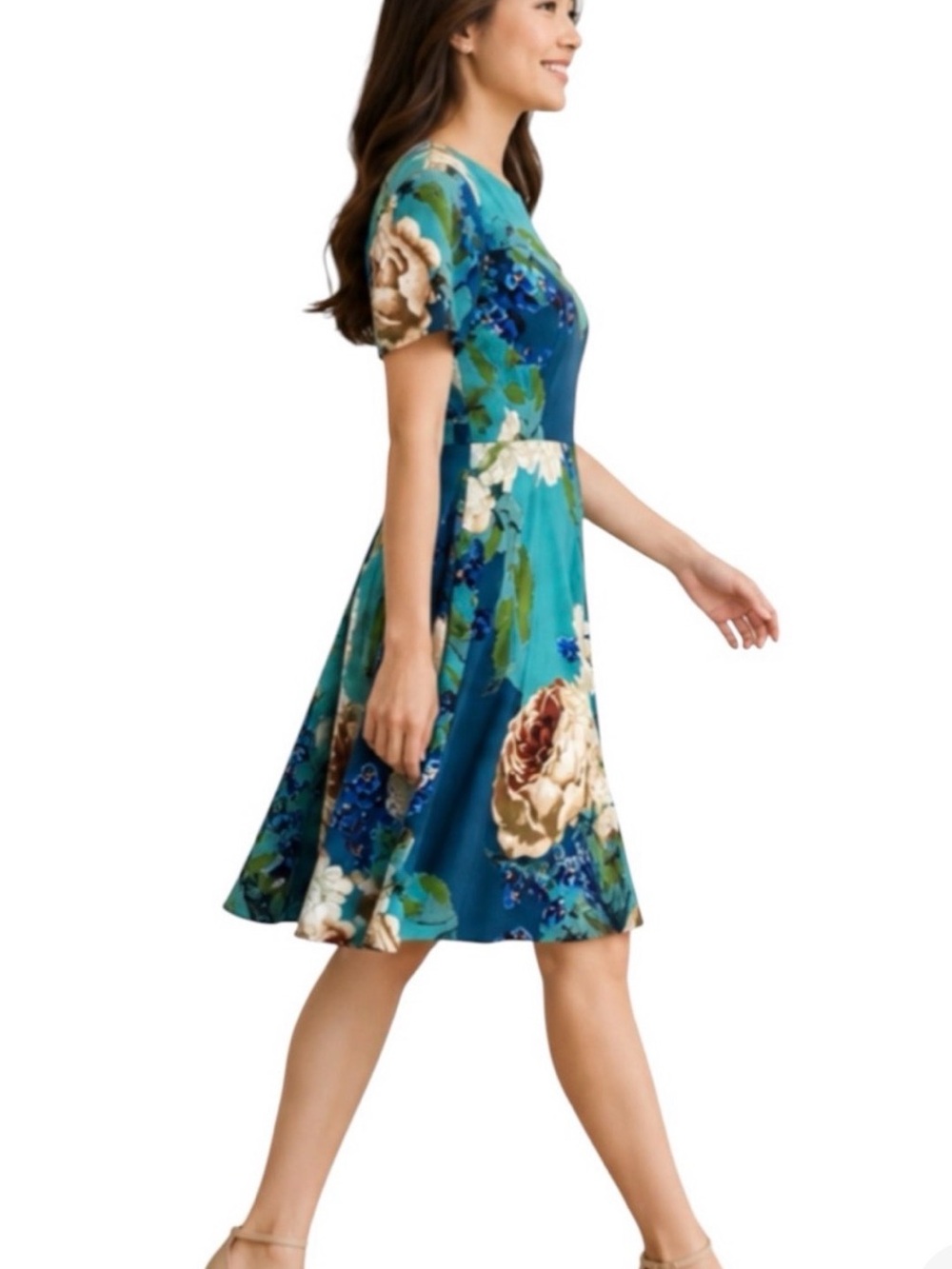 Anthropologie Floral Fit & Flare  Cottagecore Dress in Teal Blue Size 8